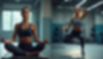 Two women in athletic wear, one meditating on a mat, the other dancing, in a gym setting. Calm and dynamic vibes, muted colors.