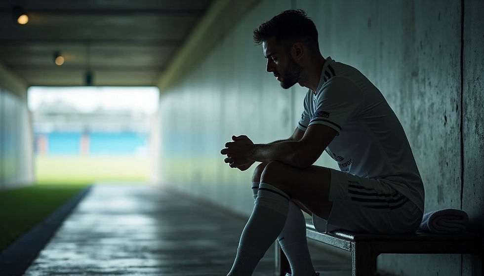 Soccer player in white kit sits on a bench in a dim tunnel, looking pensive. Bright daylight at tunnel's end contrasts with shadowy interior.