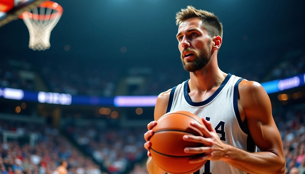 Basketball player holding a ball in a stadium, wearing a white jersey. A focused expression, with a hoop visible in the blurred background.