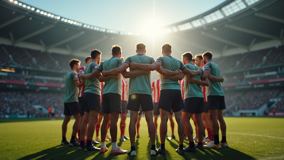 Eye-level view of a sports team in a huddle during a game