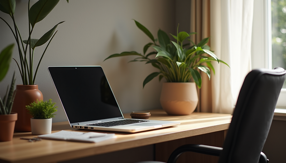 Laptop on wooden desk with potted plants and notepad. Sunlight through window, creating a calm and inviting home office atmosphere.