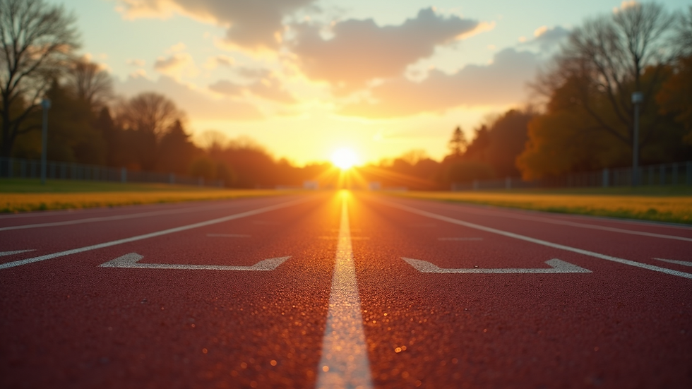 Wide angle view of a running track at sunset