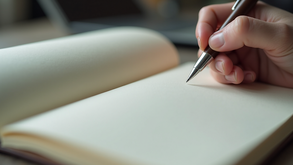 Close-up view of a notebook open to a blank page