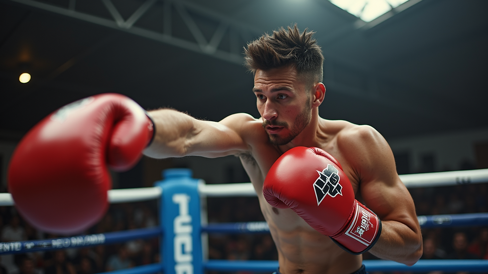 Eye-level view of a kickboxer focused during training