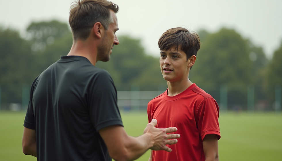 A coach in black shirt talks to a young athlete in red on a soccer field. The mood is focused in a lush, green setting.