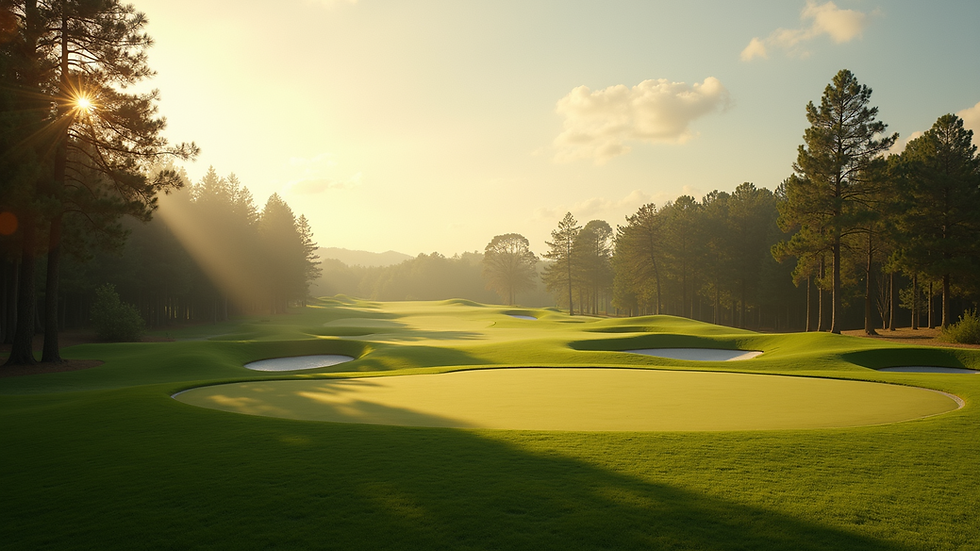 Wide angle view of a golf course in late afternoon light