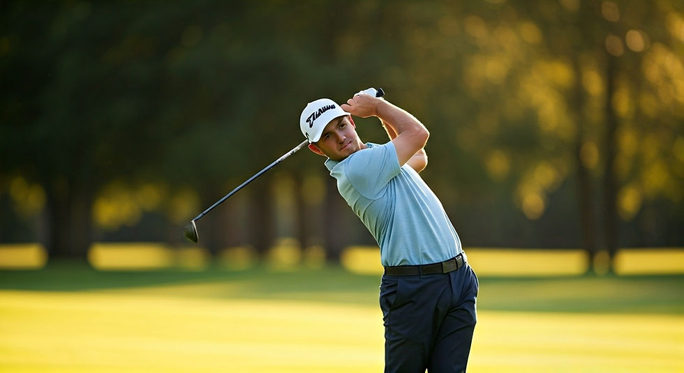Golfer in blue shirt and cap swings club on green course with sunlit trees in background, focused expression.