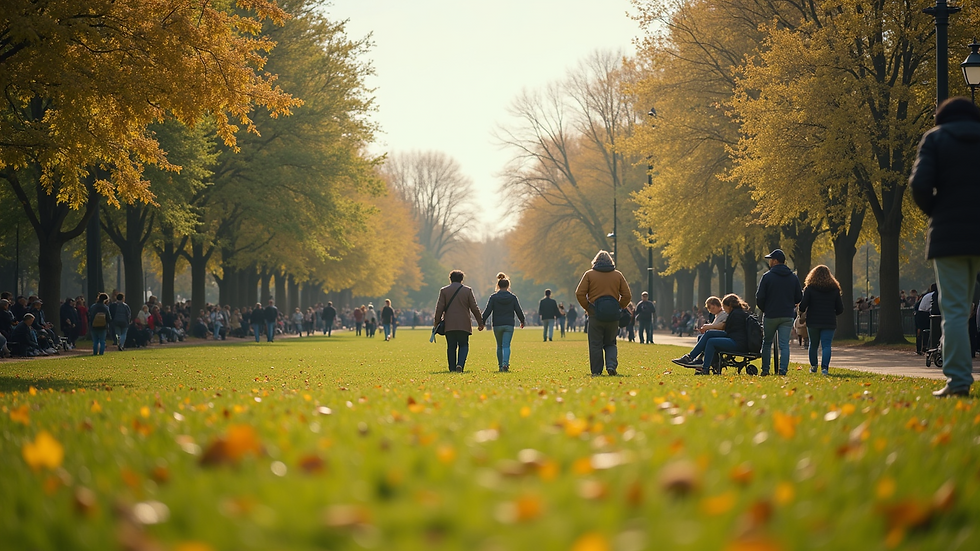 Wide angle view of a vibrant community park filled with people