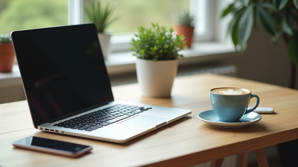 High angle view of a peaceful workspace with a laptop, plant, and coffee cup