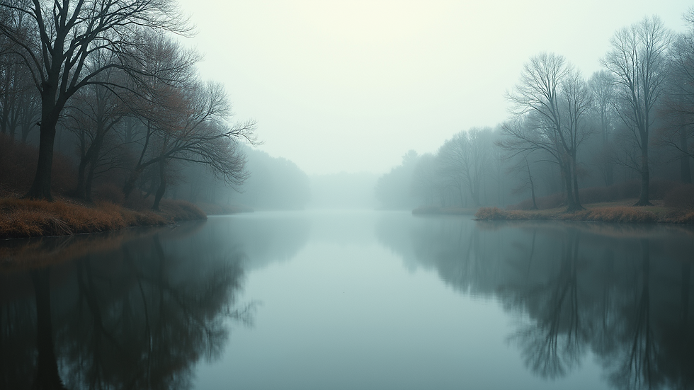 Eye-level view of a calm lake reflecting surrounding trees