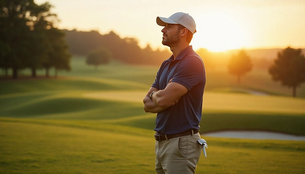 Man in a navy polo and cap stands with folded arms on a golf course at sunset, exuding a contemplative mood. Lush green landscape.