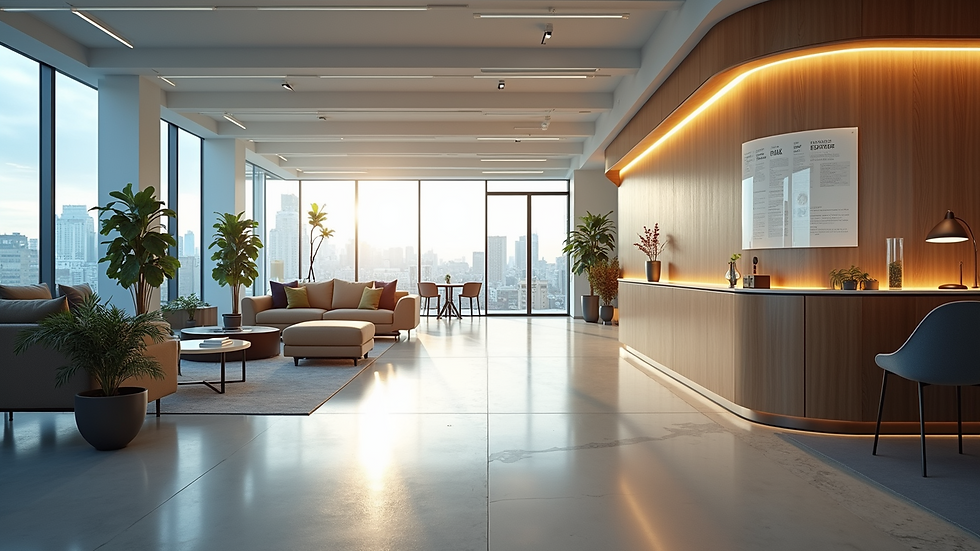 Wide angle view of a modern office interior with relaxing spaces