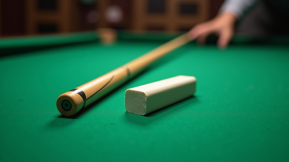 High angle view of a snooker cue and chalk on a table