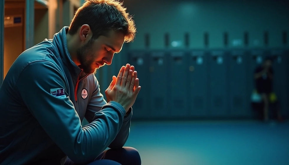 Man in blue jacket sits in locker room, hands clasped, appearing contemplative. Soft lighting, blurred lockers in background add calm mood.
