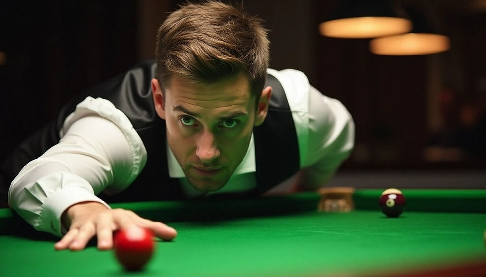 Man in white shirt and vest focuses intensely, aiming to hit a red ball on a green pool table. Warm lighting, billiards setting.