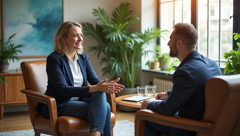 Two people in a relaxed conversation in an office with plants and large windows. Both wear business attire, creating a professional mood.