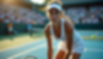 Woman in white visor focuses intensely on a tennis court with a blurred crowd in the background. Sunlit atmosphere. Ball in play.