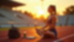 Woman in workout gear meditates on a track at sunset. A bag, bottle, and book are nearby. Stadium seats in the blurred background.