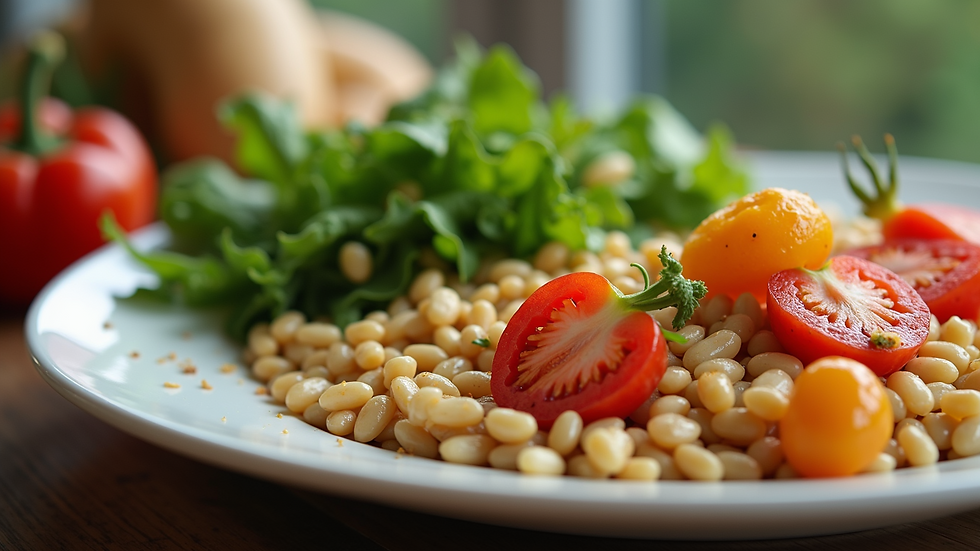 Close-up view of a healthy meal with fresh vegetables and grains
