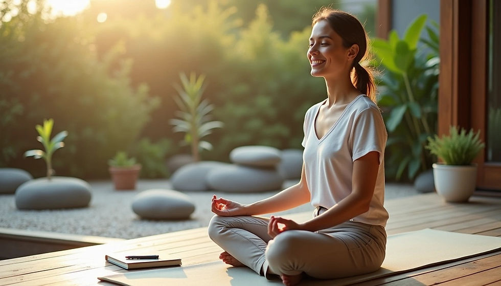 Woman meditating on a patio with plants and stones, sunlight filtering through. She sits cross-legged, smiling peacefully, wearing casual attire.
