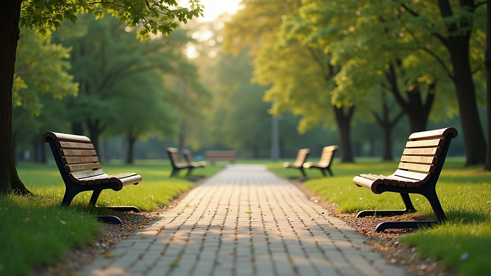 Eye-level view of a peaceful park with benches and greenery