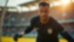 Goalkeeper in black uniform poised in a stadium, sunlight streaming in. Intense expression, gloved hand near goal net, team crest visible.