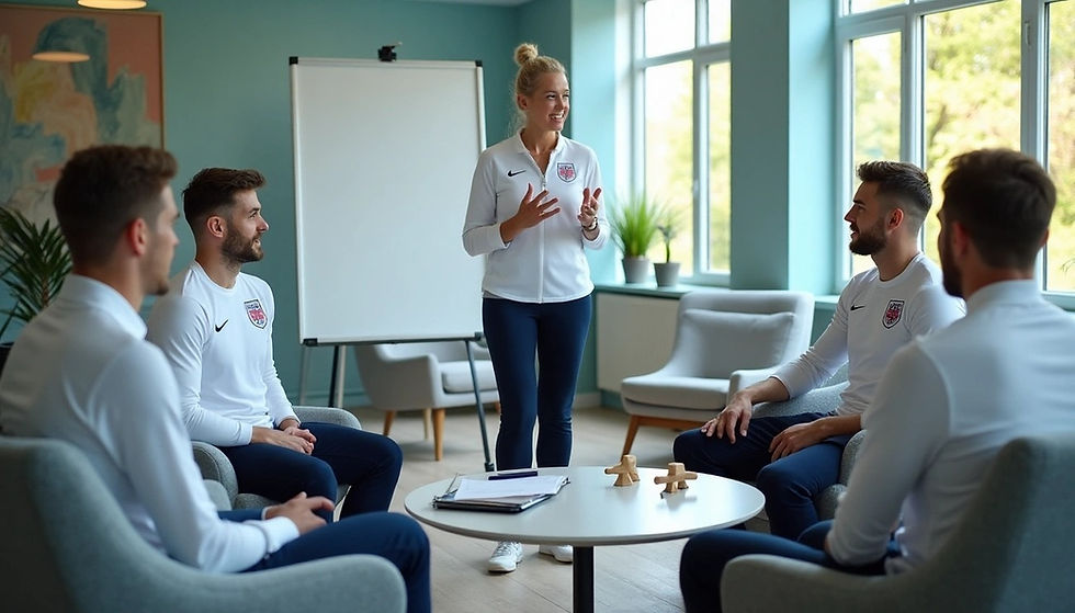 A woman stands speaking to seated men in white jerseys in a sunny room with large windows. A flipchart, chairs, and table are visible.