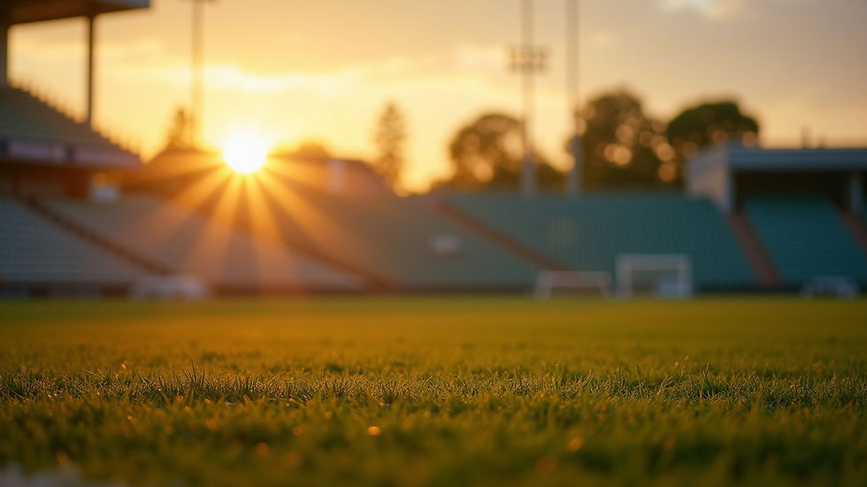 Eye-level view of a calm sports field at sunset