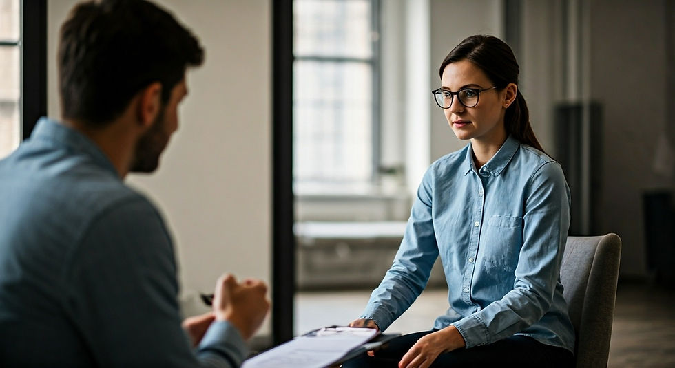 Two people in an office setting, wearing blue shirts, engaged in a serious conversation. One holds a clipboard. Bright window in background.