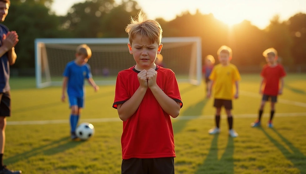 Young boy in red shirt stands with clenched fists on soccer field at sunset, looking focused. Kids in blue and yellow uniforms in background.