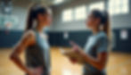 Two women in sportswear have a serious discussion in a gym. One holds a clipboard. Background shows a basketball court and windows.