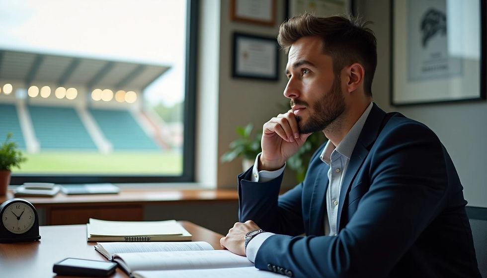 Man in a suit sits at a desk, pondering. Papers and a clock lie before him. Stadium view through window. Calm, focused mood.