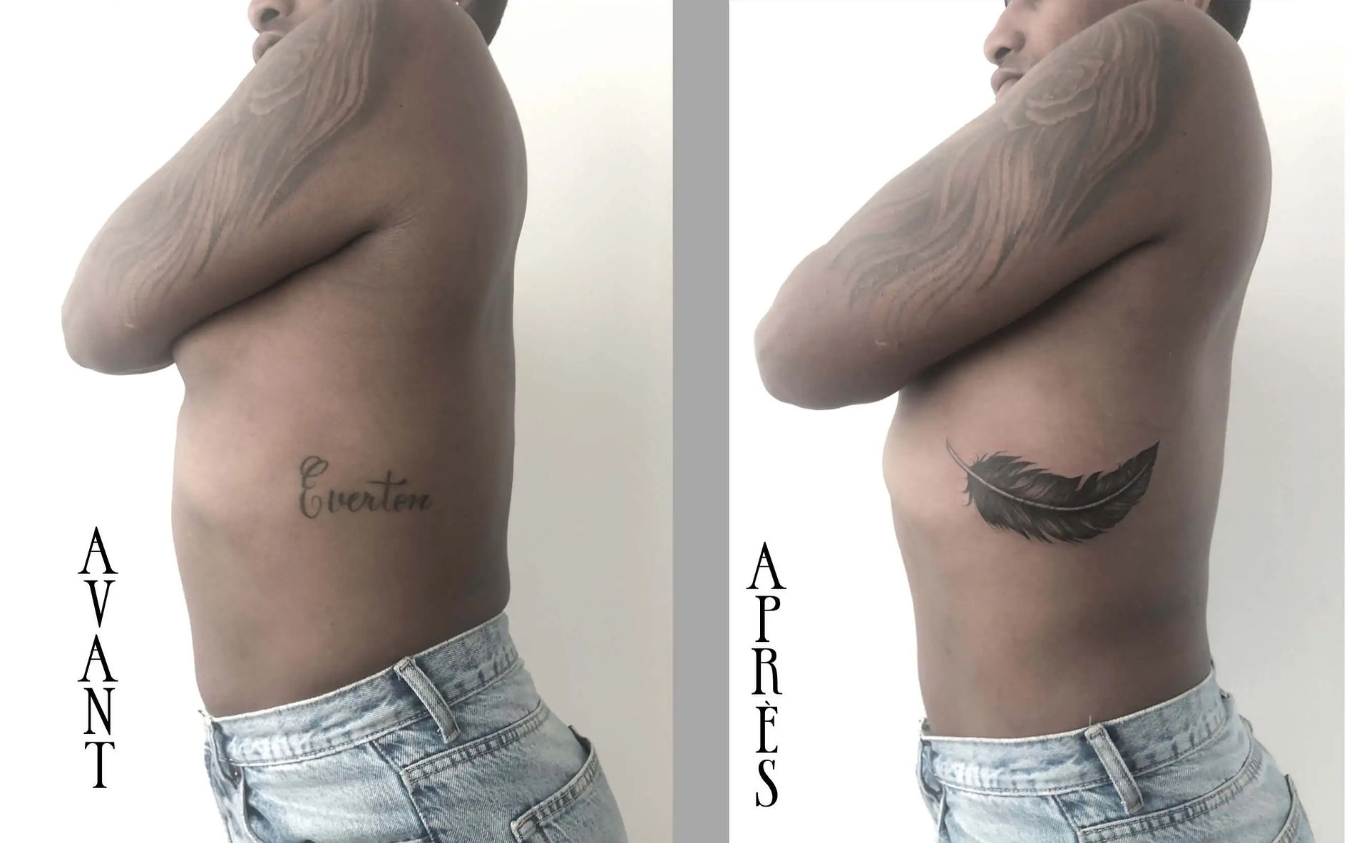 recouvrement d'un vieux tatouage par un tatouage d'une plume fait à Bordeaux
