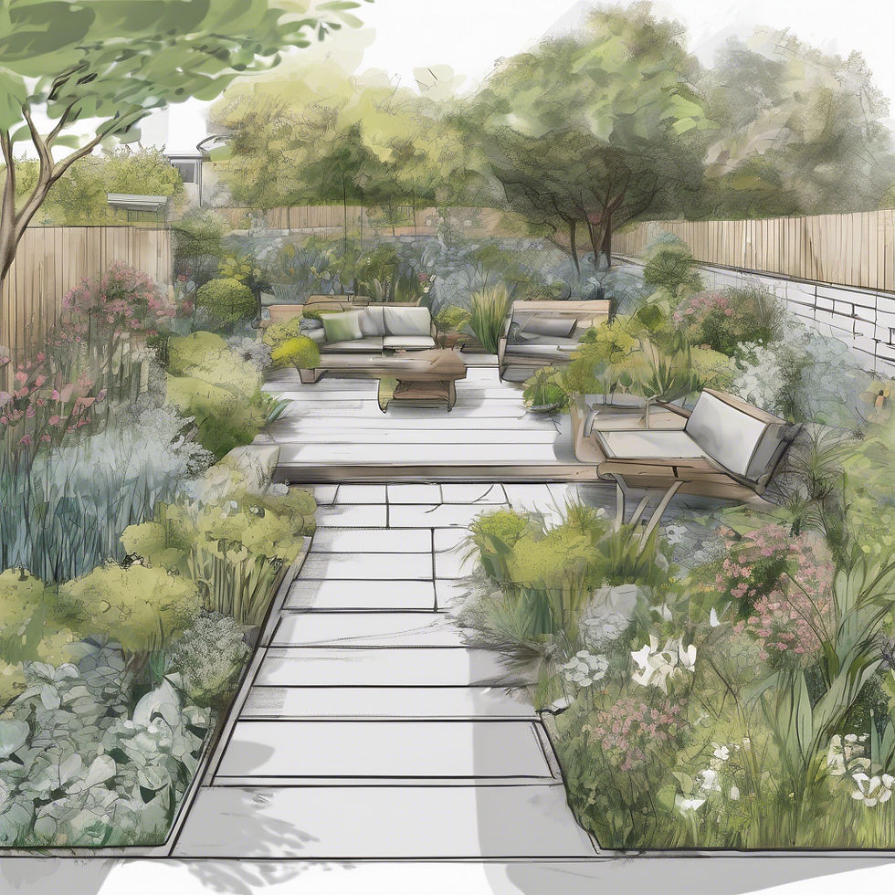 Lush garden with a stone path, surrounded by colorful flowers and greenery. Cozy seating area with sofas in a tranquil, sunny setting.