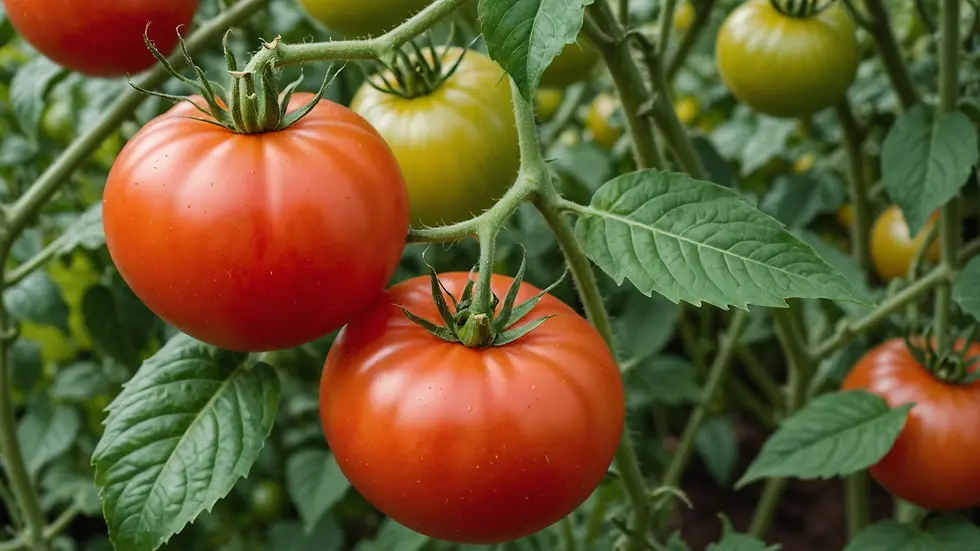 Close-up view of a ripe tomato ready for harvest