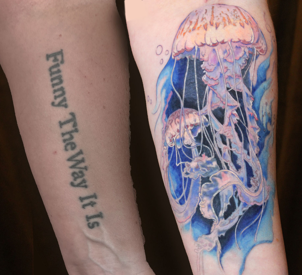 before and after image of a jellyfish tattoo covering a large script tattoo