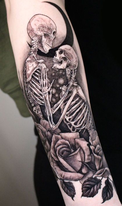 black and gray skeleton couple tattoo with roses