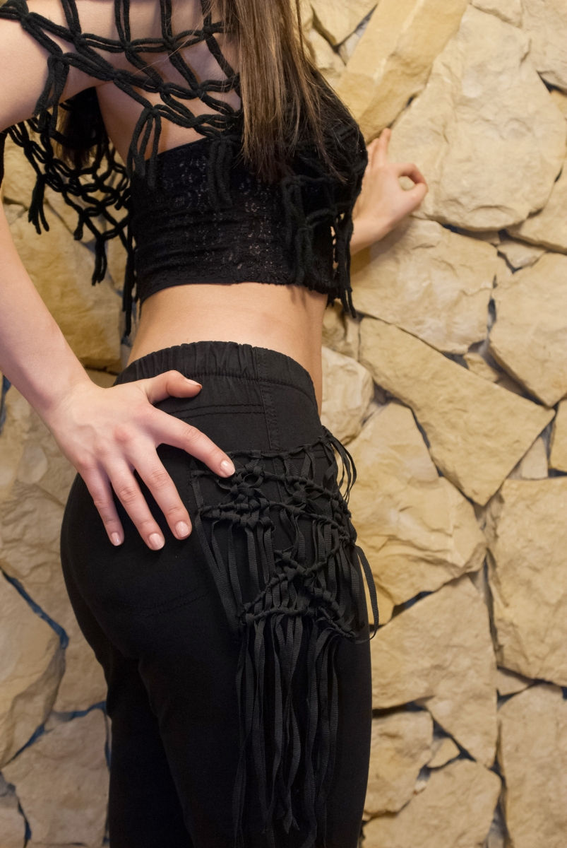 Thumbnail: BLACK MACRAME CAPE WITH TOP AND TROUSERS