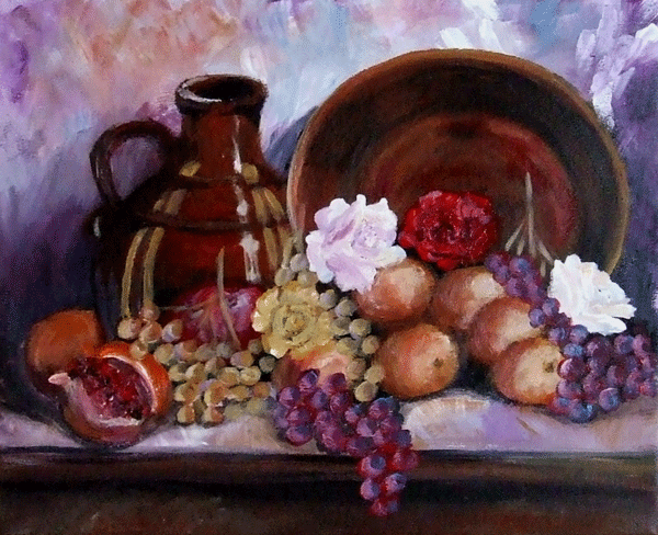 Still life of flowers, fruit and pottery by Kelly Anne Bedford