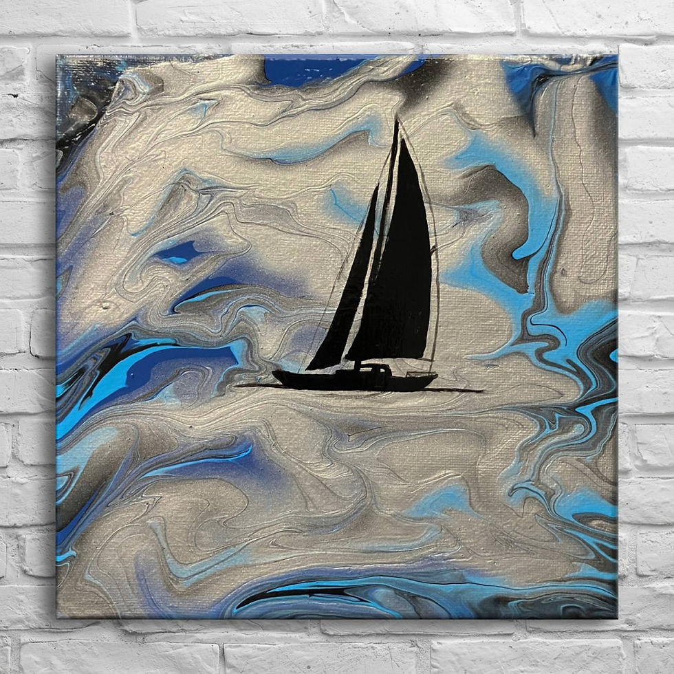 Silvery Moonlight - 8x8 mini abstract sailboat painting in silver and blue