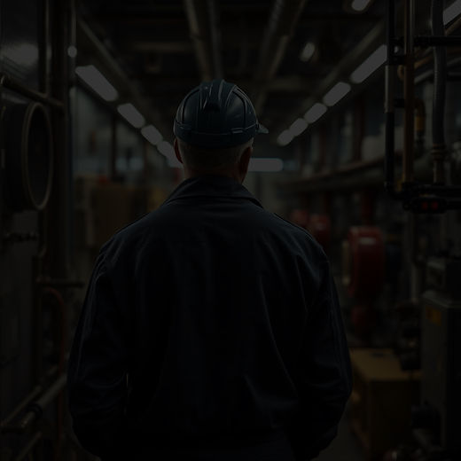 “experienced engineer standing in industrial or marine environment, looking over systems,