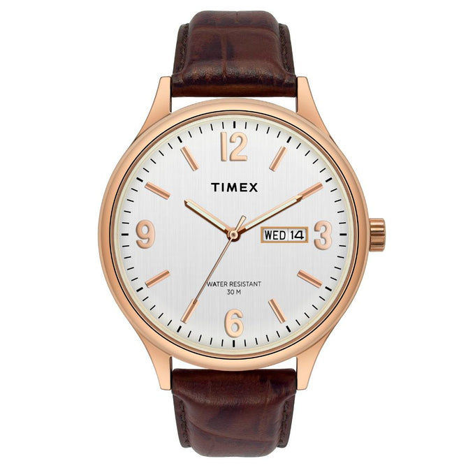 Timex White Dial Men's Analog Brown Leather Strap Watch TWEG18402