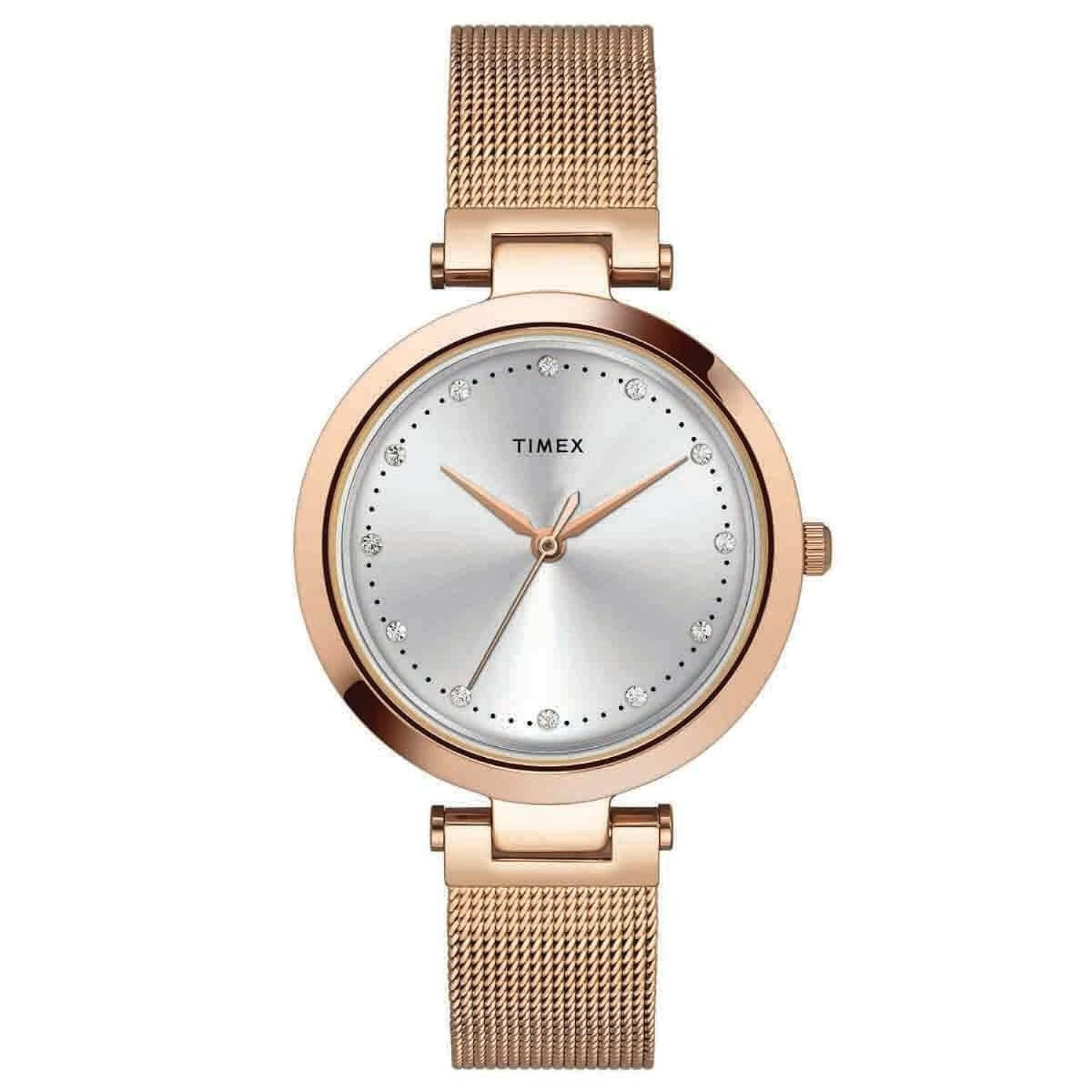 Timex Silver Dial Women's Analog Rose Gold Mesh Bracelet Watch TWEL11823