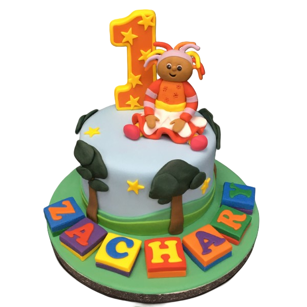 Bespoke In the Night Garden cake with colorful character toppers, crafted for celebration in Solihull, West Midlands.