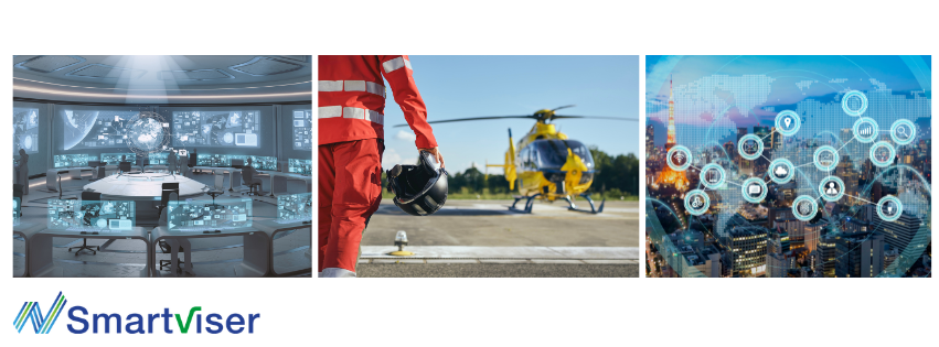 Futuristic control room, person in red suit with helmet near yellow helicopter, tech icons overlay cityscape. Smartviser Mission Critical Communications