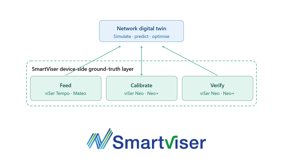 SmartViser diagram showing Feed, Calibrate and Verify steps feeding a network digital twin; blue and green boxes with logo.