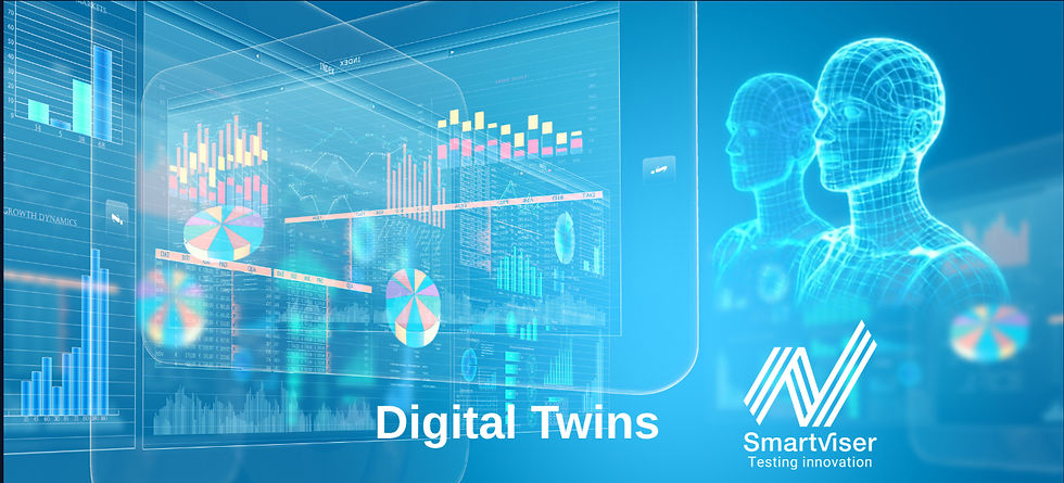 Blue digital twin dashboard with charts and wireframe heads; Smartviser logo and Testing innovation text on the right.