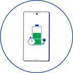 Icon of a blue circle with a green battery, stopwatch and charger highlighting battery life and performance by SmartViser