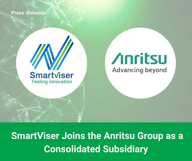 SmartViser and Anritsu logos on a green network-patterned background. Text: "Anritsu and SmartViser Announce Strategic Expansion of Shareholding."