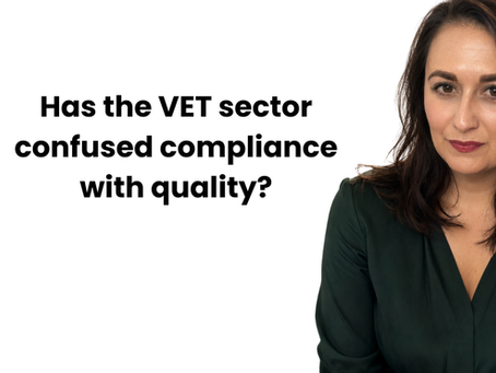 Catherine Hodgson beside the title, “Has the VET sector confused compliance with quality?” on a white article banner.